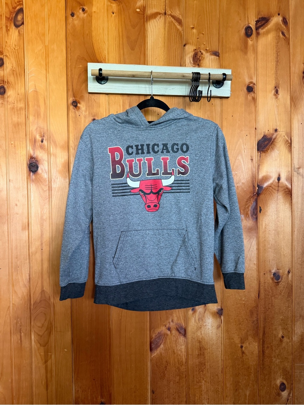 NBA Chicago Bulls Gray Hooded Crewneck with Red Logo